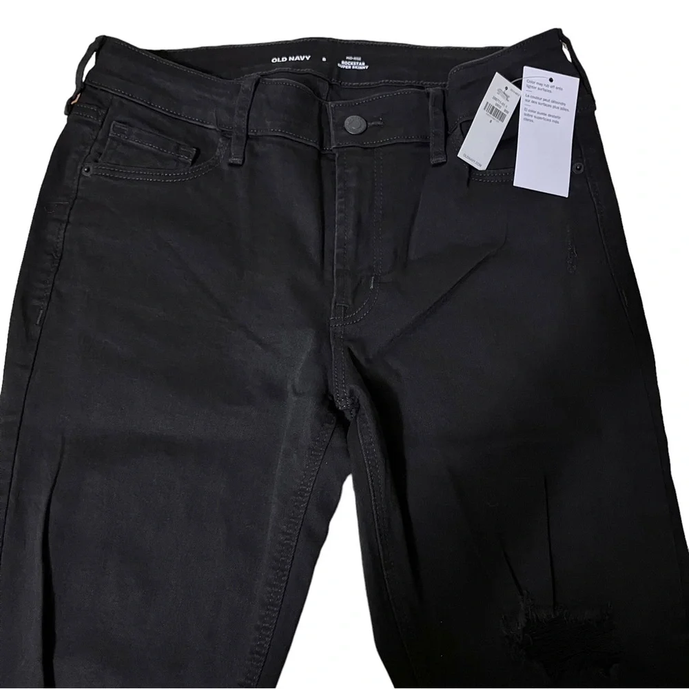 Old Navy Sz 8 Mid Rise Distressed Rockstar Super Skinny Jeans Black Ankle - Picture 2 of 11